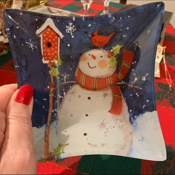 Small Glass Snowman and Cardinal Christmas Dish! - Picture 1 of 3